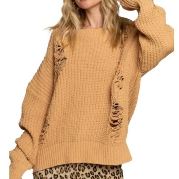 POL Clothing Distressed Sweater Camel 